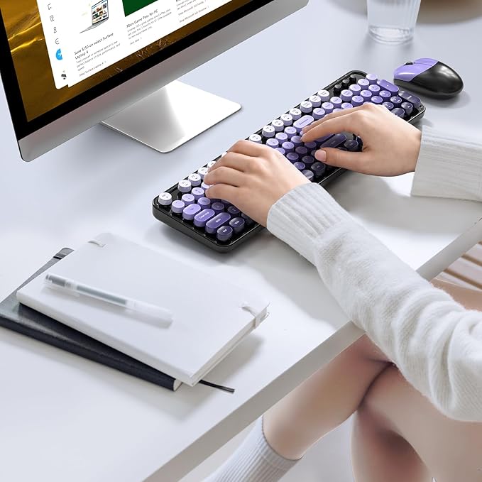 MOFII Wireless Keyboard and Mouse Combo, Full Size 2.4G Plug and Play Typewriter Retro Round Computer Keyboard and Mouse Set for Windows, Computer, Desktop, PC, Notebook - (Black Purple Gradient)
