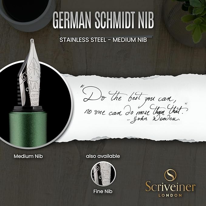 Scriveiner Personalized Luxury EDC Fountain Pen (Medium), Stunning Matt Green Pocket Pen, Chrome Finish, Schmidt German Nib, Best Engraved Fountain Pen Gift Set for Men & Women, Name Engraving