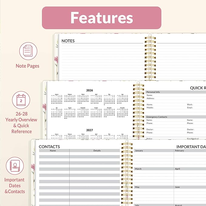 SUNEE 2026 Weekly and Monthly Planner - from January 2026 - December 2026, Daily Agenda Planner with Monthly Tab, Flexible Cover, Note Pages, Pockets, Bookmark, Spiral Binding, Wildflowers, 8.5"x11"