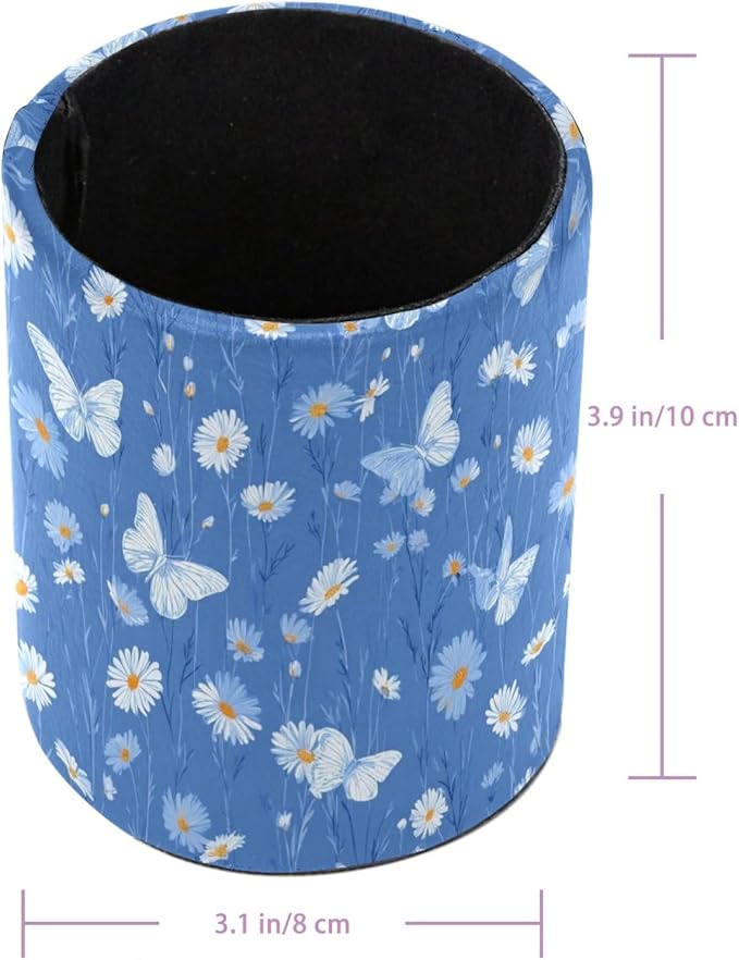 Leather Pen Holder for Desk Blue Butterfly Daisy Pencil Cup Desktop Organizer Makeup Brush Holders Office Supplies for Home, Kids & School