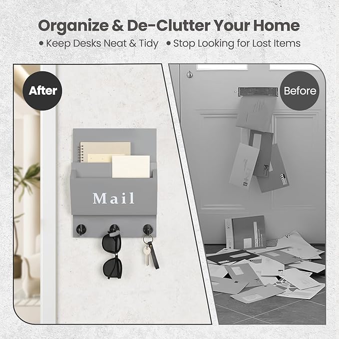 Lucundm Mail and Key Holder - Decorative 9.8" x 12.5" Wall Key Hanger with 2 Mail Organizer Slots and 3 Hooks - Real Paulownia Wood with Keyhole Brackets, Hardware and Instructions (Gray)