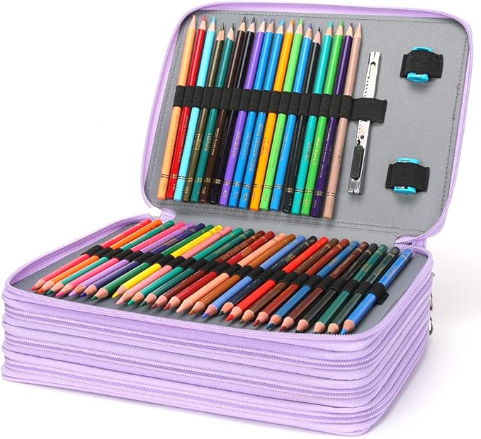 Vomgomfom Colored Pencil Holder - 200 Slot Deluxe PU Leather Pencil Case with Zipper Closure, Large Capacity for Watercolor Pens or Markers, Artist Organizer (Purple)