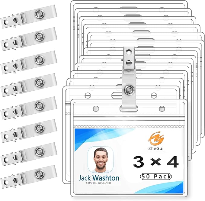 ZHEGUI Clear Plastic Name Tag Holder and Metal Badge Clips with Vinyl Straps Waterproof PVC ID Card Holders Heavy Duty(50 Pack, Horizontal Large 3x4)