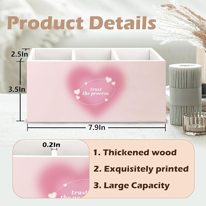 URLLUAE Preppy Pink Heart Aura Inspirational Wooden Pen Pencil Holder for Office Desk Accessories, Trust the Process Spiritual Positive Makeup Brush Toothbrush Holder Organizer
