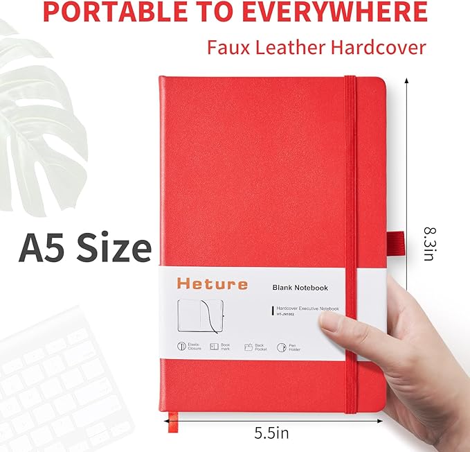 Heture Hardcover Notebooks, A5 Blank Journals Notebook for Writing 160 Pages, 8.2 x 5.5 inch, Classic Blank Notebooks for College/Work/Travel(Red 3 Pack)