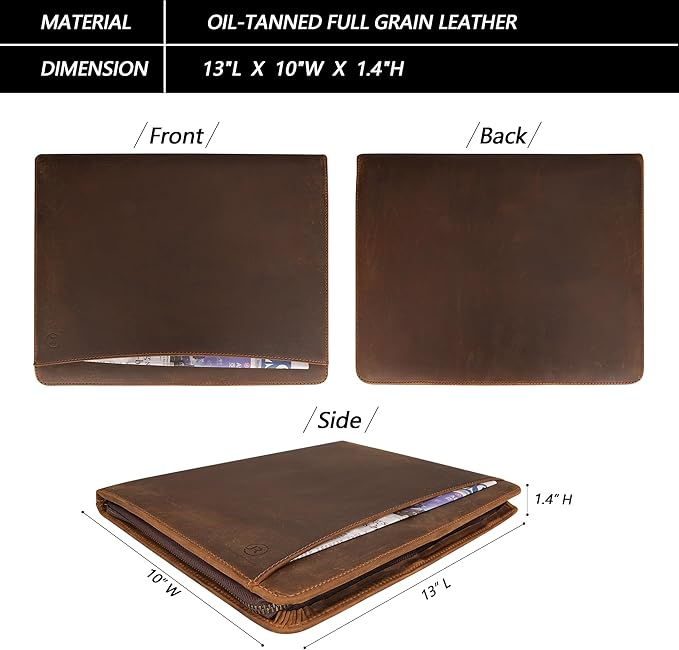 Full Grain Leather Portfolio with Zipper, Professional Business Organizer for Men Women, Executive Resume Folder with A4 Notepad Holder, Card Slots, Pen Loop, 10x13'', Luxury Gift Set