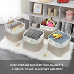 Mangata Canvas Storage Boxes, 11.8 Inch Cube Storage Bins Set of 6 for 12 Inch Cabinets, Fabric Baskets with Cotton Rope Handle for Organizing Clothes Nursery Home (Khaki/White)