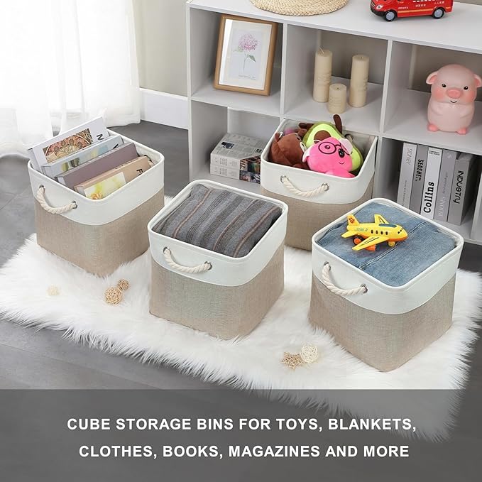 Mangata Canvas Storage Boxes, 11 Inch Cube Storage Bins Set of 6, Fabric Baskets with Cotton Rope Handle for Organizing Clothes Nursery Home (Khaki/White)