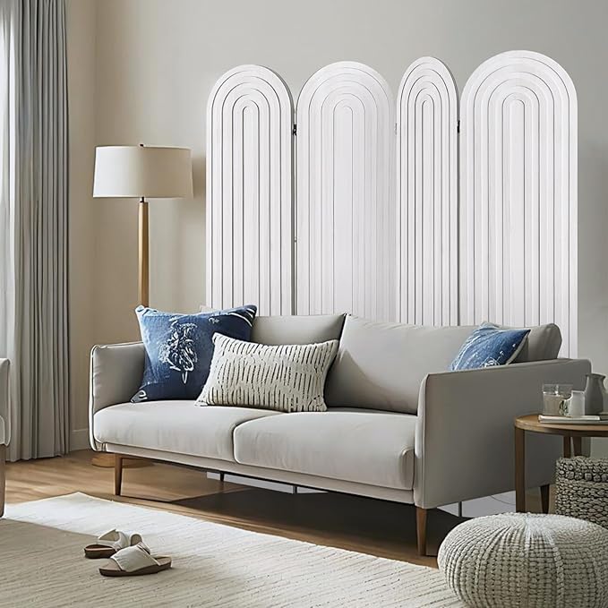 Asnefeli 4 Panel Room Divider and Folding Privacy Screen, Foldable Wood Arched Room Divider Wall, Portable Partition Screen, Room Partition Divider for Room Separation for Home Office Bedroom, White