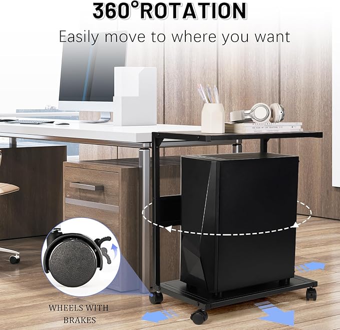 Bfttlity PC Stand Computer Tower Stand 2-Tier Metal CPU Holder with Locking Caster Wheels Suitable for Most PC (Black, L)