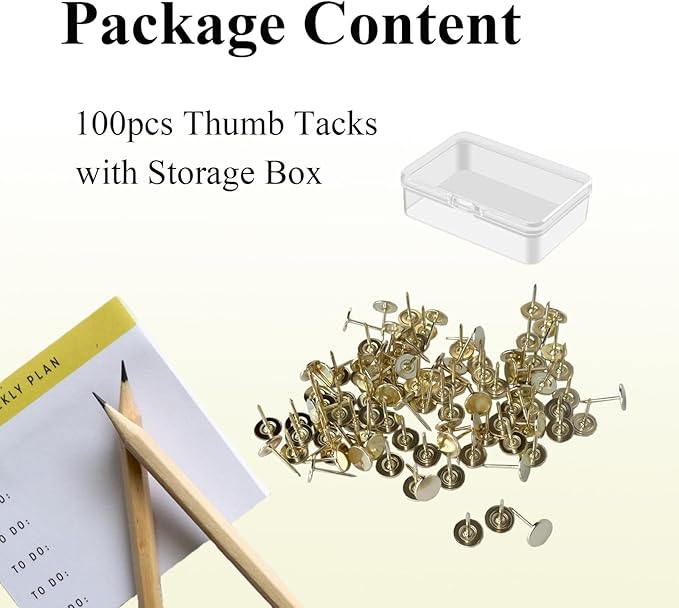 Galdexi 100pcs Flat Head Thumb Tacks for Wall, 7/16 Inch Heavy Duty Upholstery Tacks Nails, Decorative Long Push Pins for Office Home Furniture Decor Wooden Photo, Gold