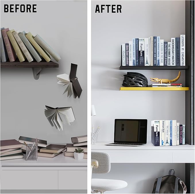 VONDERSO Metal Bookends Black, 2 Pairs Decorative Metal Book End Supports for Shelves Gauge Book Divider Stopper Holders with Non-Slip Anti-Scratch Rubber Pads