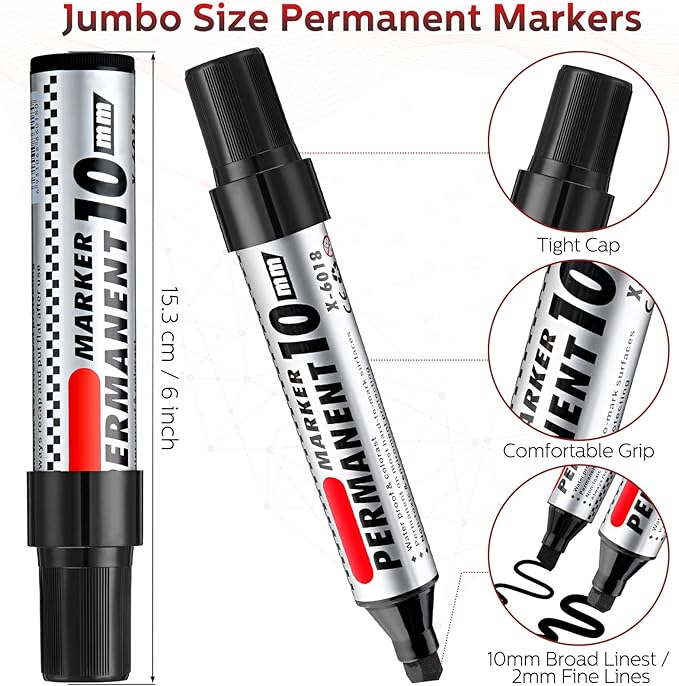 Thenshop 24 Pack Jumbo Permanent Markers Bulk: Large Chisel Tip Permanent Markers Quick Drying Waterproof Pallet Pens for Office Logistics Company and More(Black)