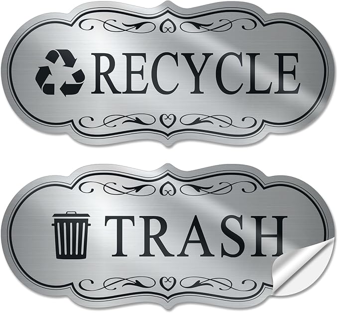 ASAVI Trash & Recycle Stickers – 2-Pack Self-Adhesive Vinyl Labels, Waterproof & Durable (Brushed Silver Black, Medium 6.3 x 2.7 inches)