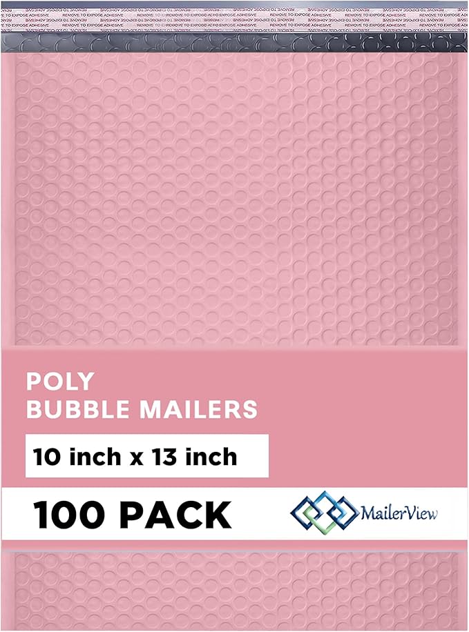 Light Pink 10x13 Inch Poly Bubble Mailers |Self Seal Padded Envelopes for Thick books | Cushioned Bubble Mailer | Usable Size 9.5x13 Inch | Waterproof Lightweight Mailing Shipping Bags | 100 Pack Bulk