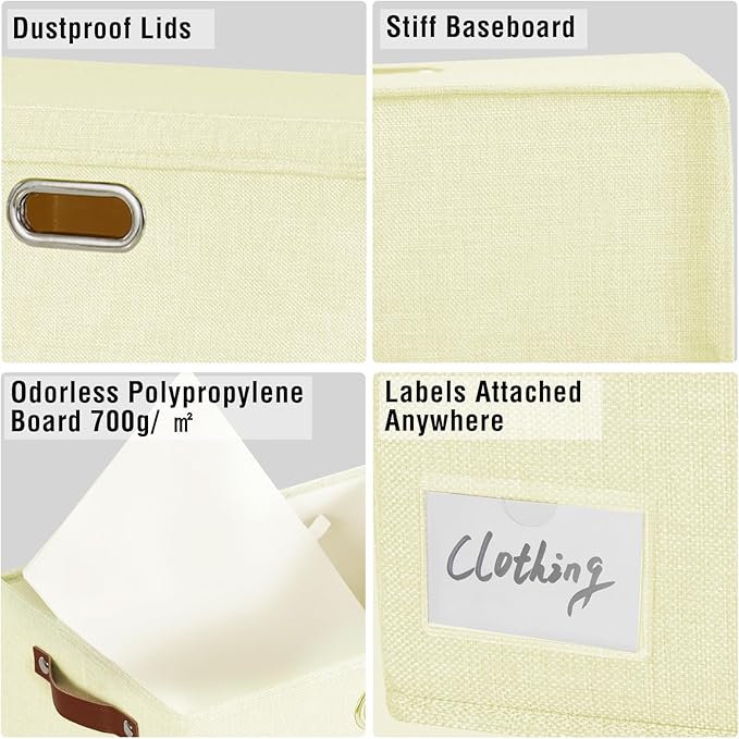 Roobyl 17" Large Collapsible Storage Bins with Lids, Stackable Closet Organizers with PU Handle and Labels, 3-Pack Decorative Fabric Storage Boxes for Home, Bedroom, Closet, Office, Nursery(Beige)