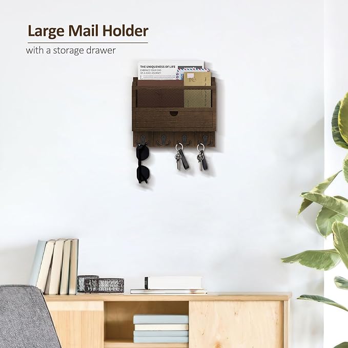Nekon Mail Organizer with Drawer for Wall, 12"W x 10"H x 3.1"D Mail Sorter Wall Mounted, Wooden Key Holder Wall File Organizer Letter Sorter for Letter Magazines (Brown)