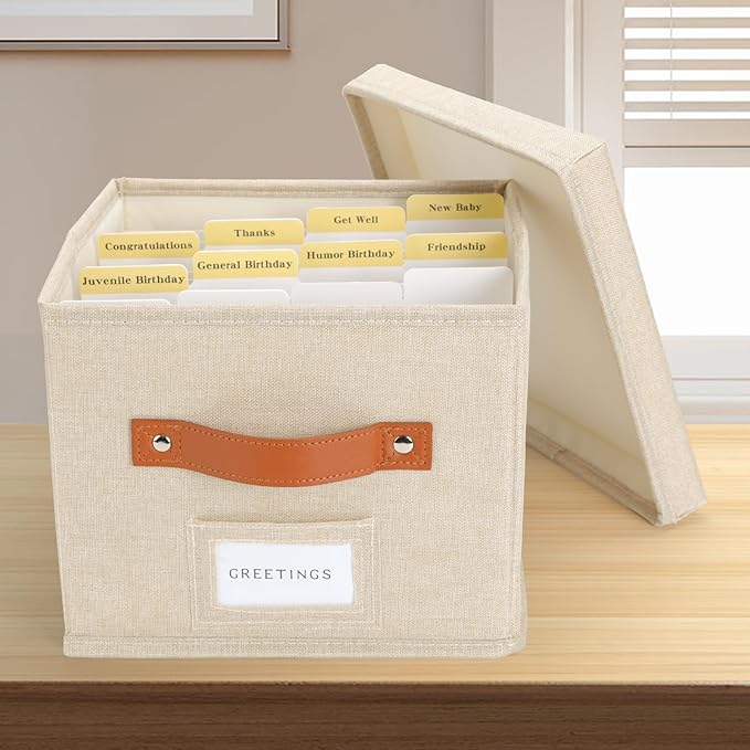 TARSUKA Greeting Card Organizer with dividers - Storage Box with lid Holds 150+ Cards - Assortment Box for Greeting Cards,Recipes, Photos, Envelopes, Keepsake - 9 x 9 x 7 Inches (Beige, 2 pcs)