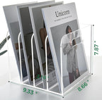 AIMOLLY 4 Vertical Compartments File Holder, Clear Acrylic Desk Organizer and Storage Bins Holding for Magazines, Binders, Notebooks, Envelopes, Multi-purpose Document Organizer for Home Office