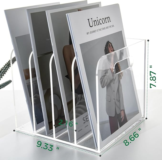 AIMOLLY 4 Vertical Compartments File Holder, Clear Acrylic Desk Organizer and Storage Bins Holding for Magazines, Binders, Notebooks, Envelopes, Multi-purpose Document Organizer for Home Office