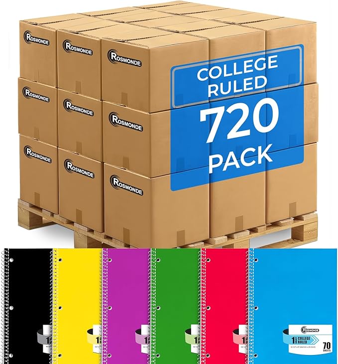 Rosmonde 720 Packs (Pallet) 1 Subject Notebooks, College Ruled, Spiral Notebook Bulk, 70 Sheets (140 pages), 8 x 10-1/2", Pallet of Notebooks, Bulk Spiral Notebooks for School & Office, 4-7 Days Transit