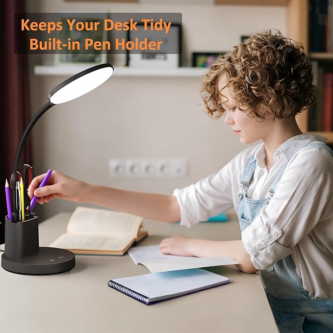 Vicsoon Desk Lamp, LED Desk Lamp for Home Office, Touch Table Lamp with 3 Color Modes 360° Adjustable Arm, Dimmable Desk Light with Pen Phone Holder, Black