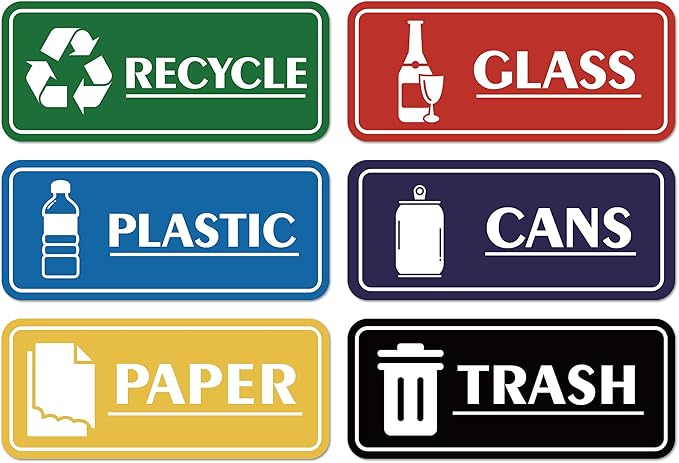 6PCS Recycle Sign Stickers for Trash Bins,Self-adhesive Waterproof Trash Recycle Stickers, Recycling Labels for Trash Can, Home, Office, Apartment, Hotel, School and Public Area
