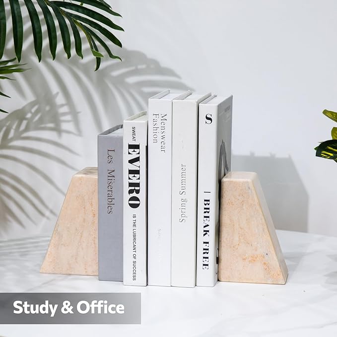 Faticdorr Luxury Marble Bookends for Shelves, 11LB Heavy Duty Marble Book Ends for Heavy Books, Stone Bookends Decorative, Polished, Orange Triangular, Set of 2