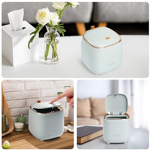 Daphilly Mini Countertop Trash Can with 12 Rolls of Trash Bags, Desk Trash Can Tiny Trash Can with Press Type Lid, light blue