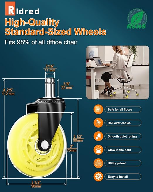 RidRed Gaming Chair Wheels - Heavy-Duty Office Chair Wheels - Replacement Rubber Casters- Universal Fit 3 Inch Chair Casters, Noise Free, Fits 98% Chair, for All Floor