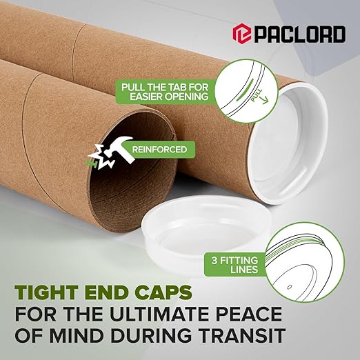 Paclord 3" x 60" Reinforced Kraft Paper Mailing Tube, Pack of 4 Tubes with 8 Caps – Secure USPS Approved Poster Tube – Cardboard Tube for Shipping and Storing Posters, Prints, Artwork, or Documents