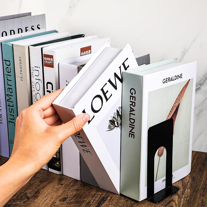 10 Pairs Metal Book Ends for Shelves, Heavy Duty Bookends for Office Home Kitchen Decorative, Nonskid Book Ends to Hold Heavy Books Black