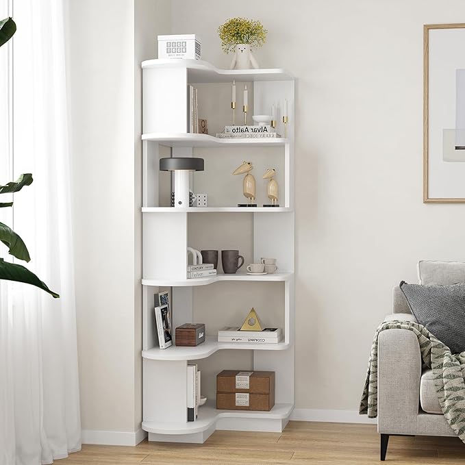 Farini 5-Tier Corner Bookshelf,L-Shaped Bookcase Freestanding Storage Shelf & Display Stand for Living Room, Office, Bedroom,White