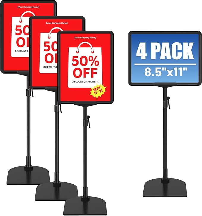 4Pack Sign Stand for Display 8.5 x 11, Adjustable Poster Stand for Table Top & Floor, Floor Standing Sign Holder, Signage Stands for Business, Tradeshow, Store, Farm Display Stands