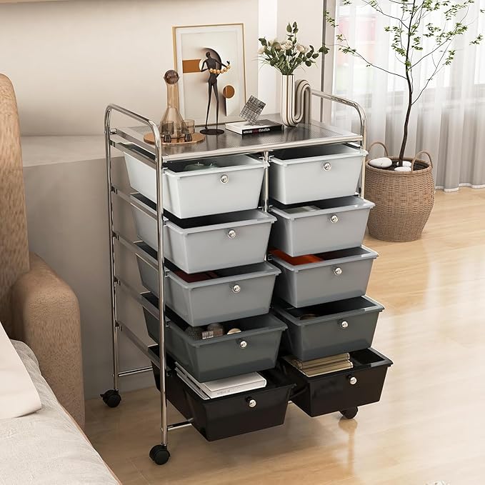 LDAILY 10 Drawer Rolling Cart, Storage Cart Organizer on Wheels, Drawer Cart with Metal Frame & Large Storage Capacity, Rolling Cart with Drawers for Living Room Classroom, Office