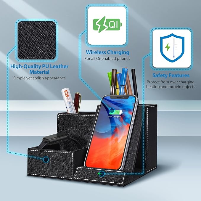 TopMade Wireless Charger with Desk Nightstand Organizer, PU Leather Pen Pencil Holder Fast Charging Station, Office Supplies for Iphone Charging Stand, Anniversary Birthday Gifts for Men(Black)