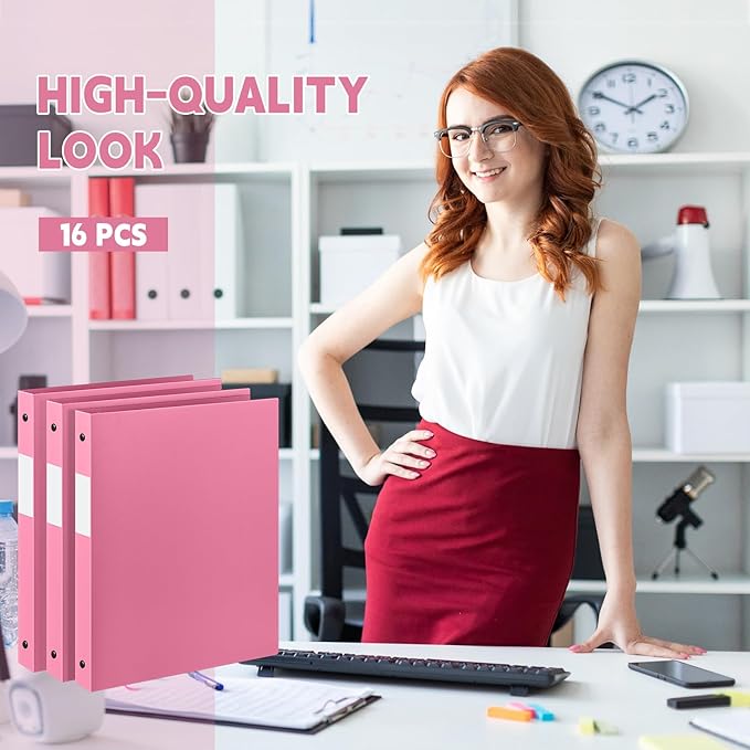 Henoyso 16 Pcs 3 Ring Binder 0.5 Inch Round Fits Letter Size 8.5'' x 11'' Paper Plastic Flexible Binder Bulk Holds 140 Sheets with 1 Pockets Versatile Organizer for Home Office School (Pink)