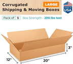 Large Shipping & Moving Boxes 20 x 12 x 3 inches (5-Pack) - Extra Strength 200 lb vs Regular - Corrugated Shipping Boxes for USPS/UPS/FEDEX - Moving Box Large - Box for Moving by IDL Packaging