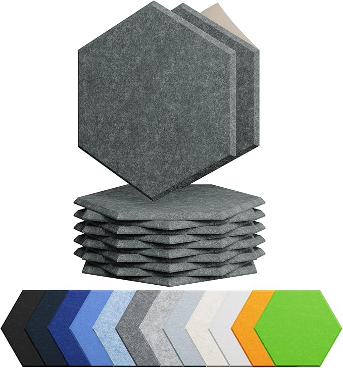 Amantech 12 Pack Acoustic Panels Self Adhesive Sound Proof Foam, High Density Sound Acoustic Foam Panel, 12X10.23X0.4 Inch Hexagon Wall Panels in Home,Office,Reccording Room,Studio(Moonlight Grey)