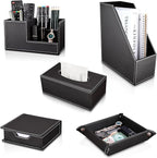 KINGFOM 5 PCS/SET Pu Leather Desk Organizer File Holder Accessories, Magazine Storage Rack+Desktop Pen&Pencil Holder+Tissue Box Cover+Leather Jewelry Accessories Tray