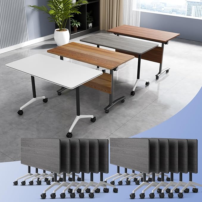 Conference Table Flip Top Mobile Conference Room Tables,Folding Conference Table with Wheels,Large Meeting Training Seminar Table Saving Space for Office Classroom(12C,61'')