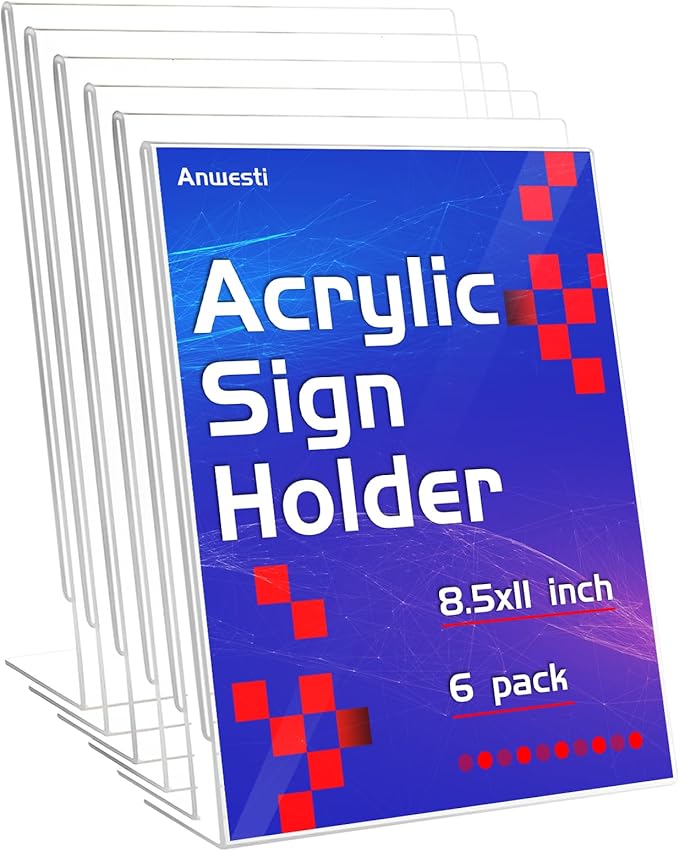 Anwesti Acrylic Sign Holder 8.5" x 11" - 6 Pack Clear L-Shaped Tabletop Menu Frame for Restaurants, Photos, Posters | Slanted Back Design | Durable Promotional Display Stand