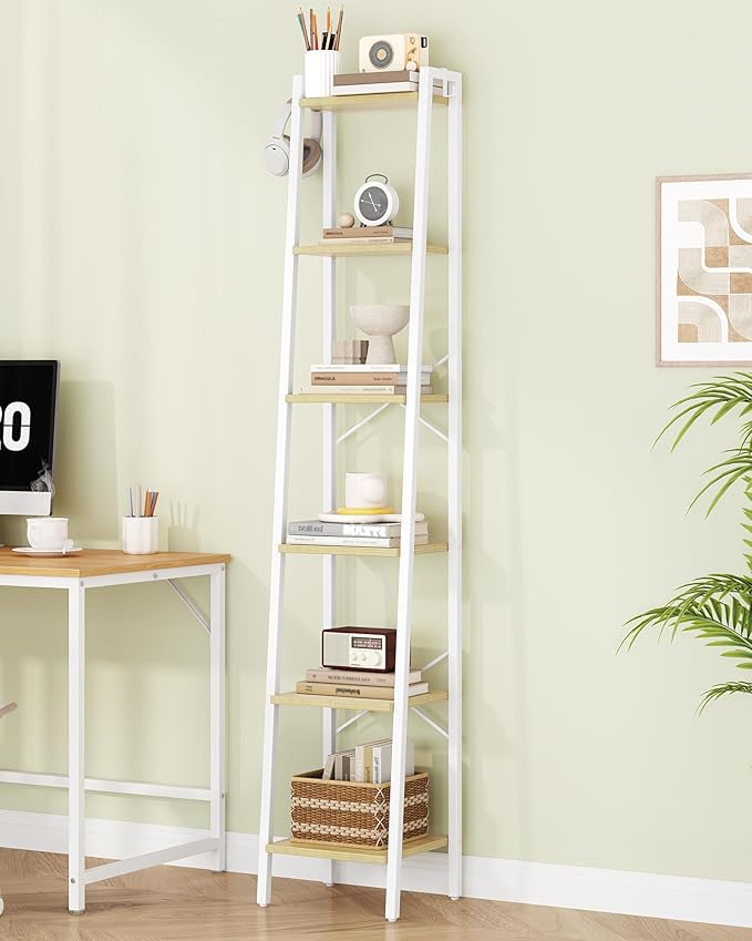 Hzuaneri Ladder Shelf, Bookshelf Bookcase, Freestanding Corner Storage Shelve with 2 Hooks for Home Office, Living Room, Kitchen, Bedroom, Industrial, 11.8" D x 13.4" W x 72.8" H, White Oak and White