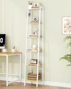 Hzuaneri Ladder Shelf, Bookshelf Bookcase, Freestanding Corner Storage Shelve with 2 Hooks for Home Office, Living Room, Kitchen, Bedroom, Industrial, 11.8" D x 13.4" W x 72.8" H, White Oak and White