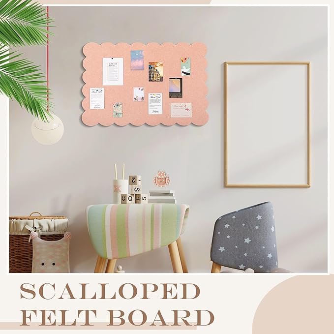 Mooliwe Scalloped Felt Bulletin Board 24 x 18 Inches Foldable Light Pink Pin Cork Board Alternative for Wall, 2' x 1.5' Trifold Picture Vision Self Adhesive Bulletin Decorative