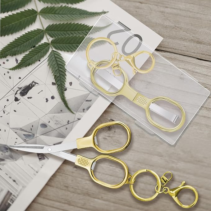 2 PCS Stainless Steel Mini Folding Scissors, Safety Pocket-Sized Multipurpose Scissors with Keychains for Travel, Home, Office, Crafts, Sewing & Nurse Accessories (Gold)