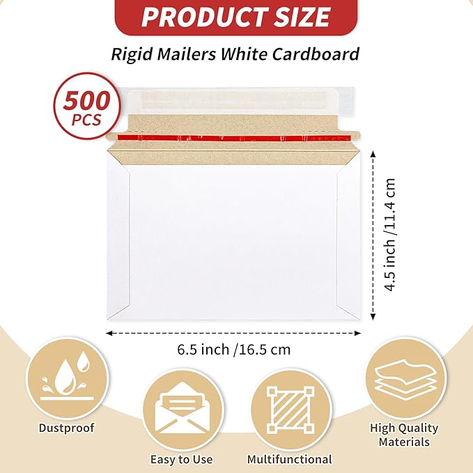Ayearparty 500 Pcs 6.5 x 4.5 Inch Rigid Photo Mailers with Self-Adhesive White Cardboard Card Shipping Envelopes Bulk Stay Flat for Document CD Paper Picture