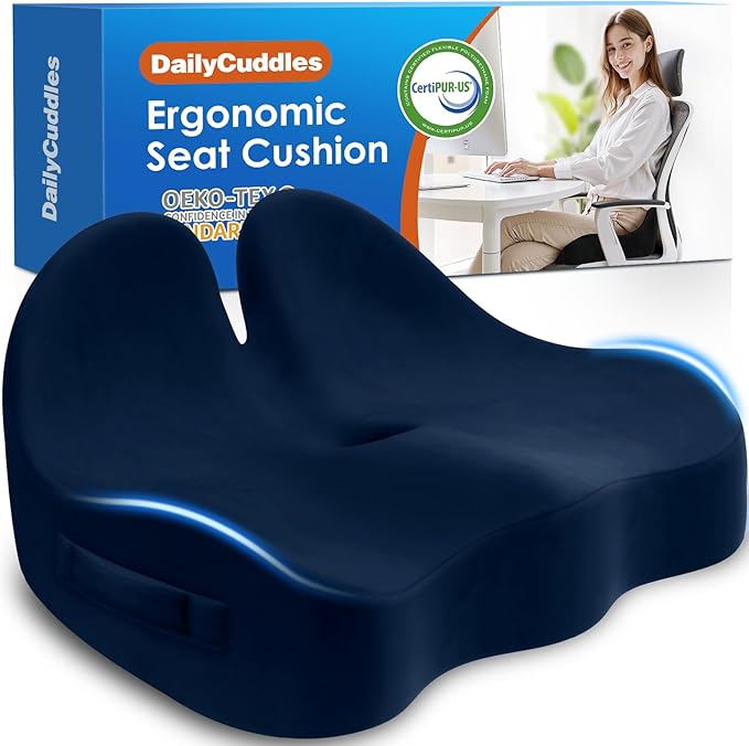 DailyCuddles Seat Cushion, Chair Cushions for Office Chairs/Desk Seats/Wheelchair - Hip&Sciatica&Tailbone Pain Relief Memory Foam Office Chair Cushion for Long Sitting Office Workers, Blue