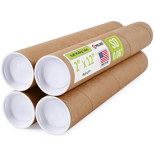 2" x 12" Reinforced Kraft Paper Mailing Tubes, Pack of 4 Tubes with 2 Caps Each – USPS Approved Poster Tube – Made in USA Cardboard Tube for Shipping and Storing Posters, Prints, Artwork, or Documents