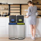 80 Liter / 21 Gallon Rectangular Hands-Free Dual Compartment Recycling Kitchen Step Trash Can with Soft-Close Single Lid, Stainless Steel (40L x 40 L Capacity) Stainless Steel Finish